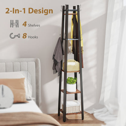 HOMCOM Industrial-Style Four Shelf Coat Stand - Brown/Black