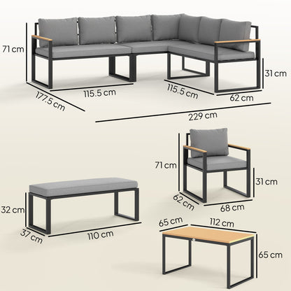 Outsunny Six Piece L Shaped Garden Furniture Set with 3 Loveseats - Natural Wood Finish