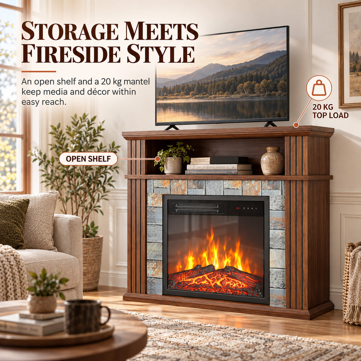 HOMCOM Freestanding Electric Fireplace Suite, 1800W, Open Shelf, Electric Fire and Surround with LED Flame, Remote, Grey