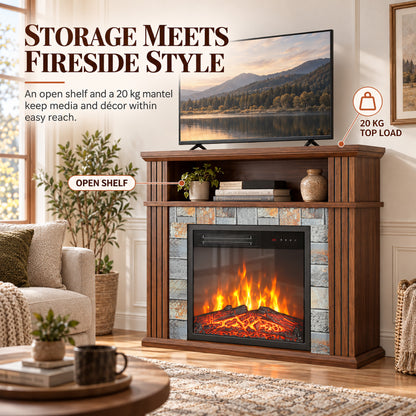 HOMCOM Freestanding Electric Fireplace Suite, 1800W, Open Shelf, Electric Fire and Surround with LED Flame, Remote, Grey