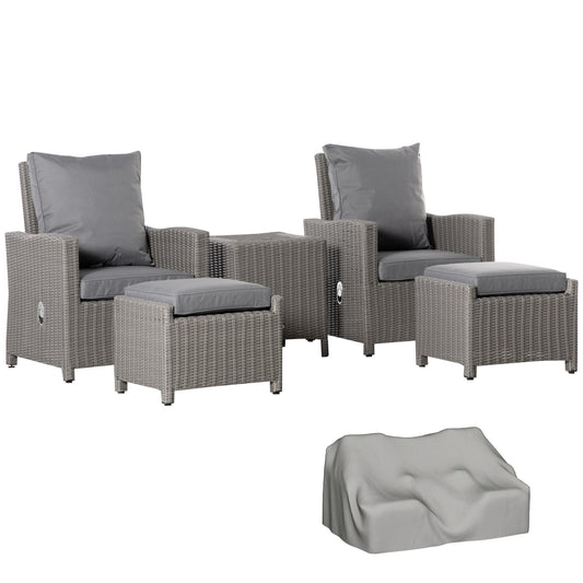 Outsunny 5 Pieces Outdoor PE Rattan Garden Furniture with Cushions, Patio Lounge Adjustable Backrest Chairs, Footstools and Cooler Bar Coffee Table & Cover, Grey