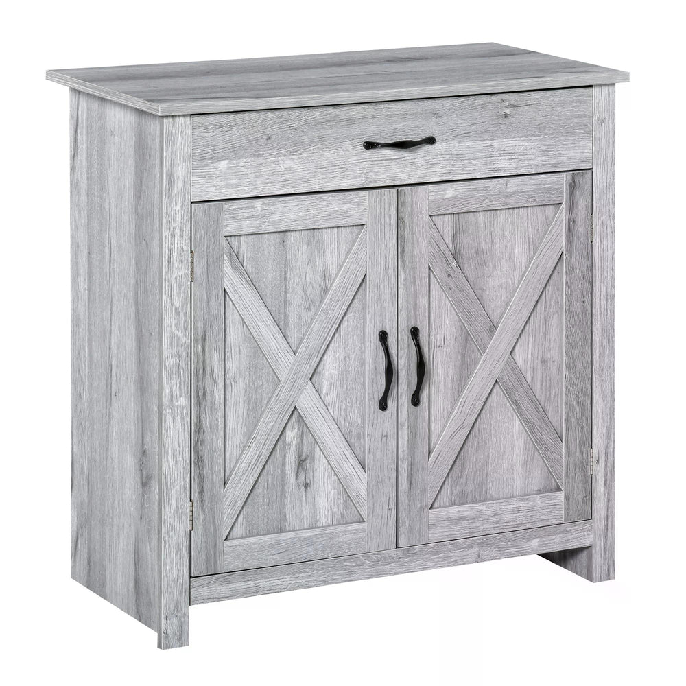 HOMCOM Farmhouse Barn Door Sideboard Storage Cabinet Coffee Bar for LIVING Room - Grey Grain