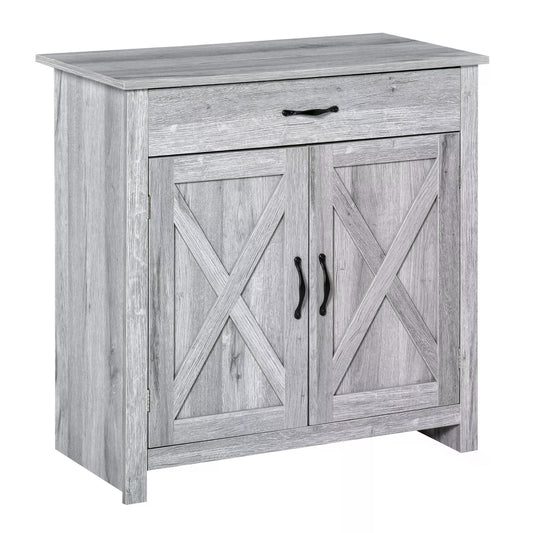HOMCOM Farmhouse Barn Door Sideboard Storage Cabinet Coffee Bar for LIVING Room - Grey Grain