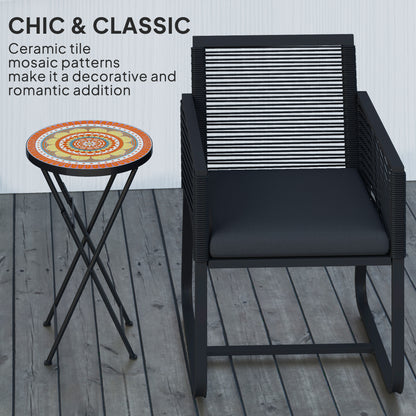 Outsunny Mosaic Outdoor Garden Table, 35.5cm Round Folding Coffee Table with Metal Frame for Balcony Terrace, Orange