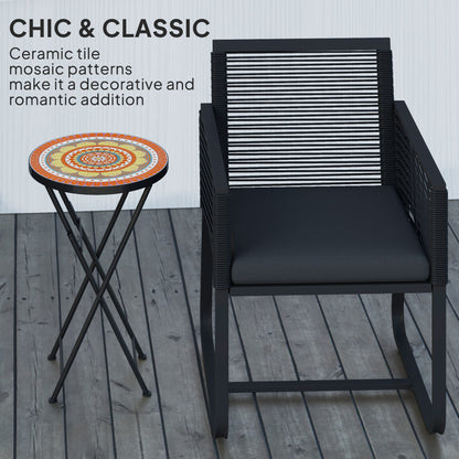 Outsunny Mosaic Outdoor Garden Table, 35.5cm Round Folding Coffee Table with Metal Frame for Balcony Terrace, Orange