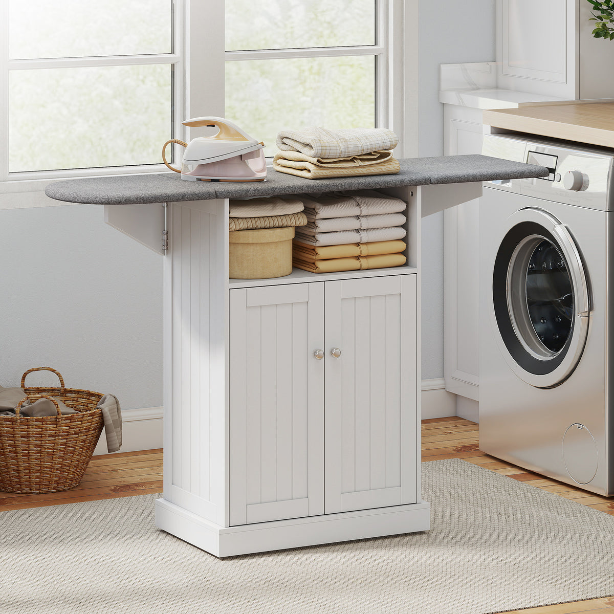 HOMCOM Ironing Board Cabinet on Wheels with Foldable Top, Mobile Storage Cabinet with Ironing Board, Open Compartment, White