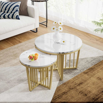 Modern Nesting Coffee Table Set, High Gloss Marble Look with Golden Iron Legs, 2 Piece Set, White