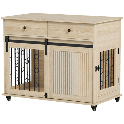 PawHut Dog Crate Furniture on Wheels, Dog Cage with 2 Drawers, Sliding Door, for Medium Large Dogs, Oak Tone