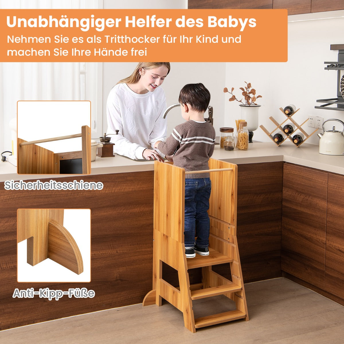 Toddler Kitchen Stool Helper with Chalkboard and Whiteboard-Natural