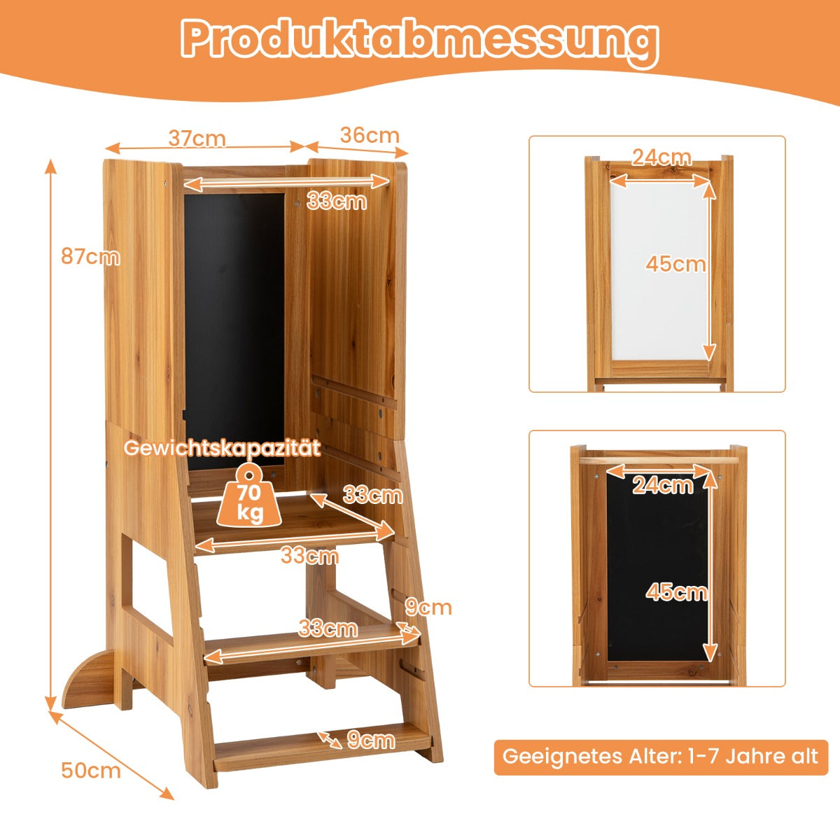 Toddler Kitchen Stool Helper with Chalkboard and Whiteboard-Natural