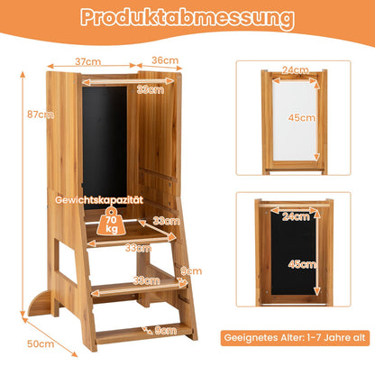 Toddler Kitchen Stool Helper with Chalkboard and Whiteboard-Natural