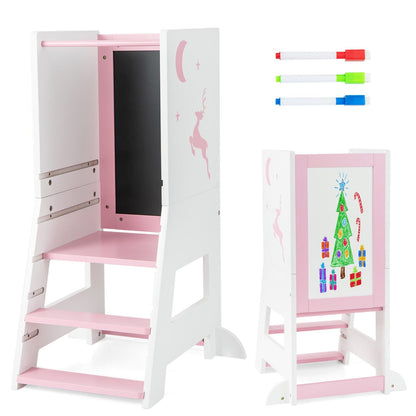 Toddler Kitchen Stool Helper Baby Standing Tower with Chalkboard and Whiteboard-Pink