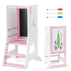 Toddler Kitchen Stool Helper Baby Standing Tower with Chalkboard and Whiteboard-Pink