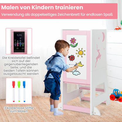 Toddler Kitchen Stool Helper Baby Standing Tower with Chalkboard and Whiteboard-Pink