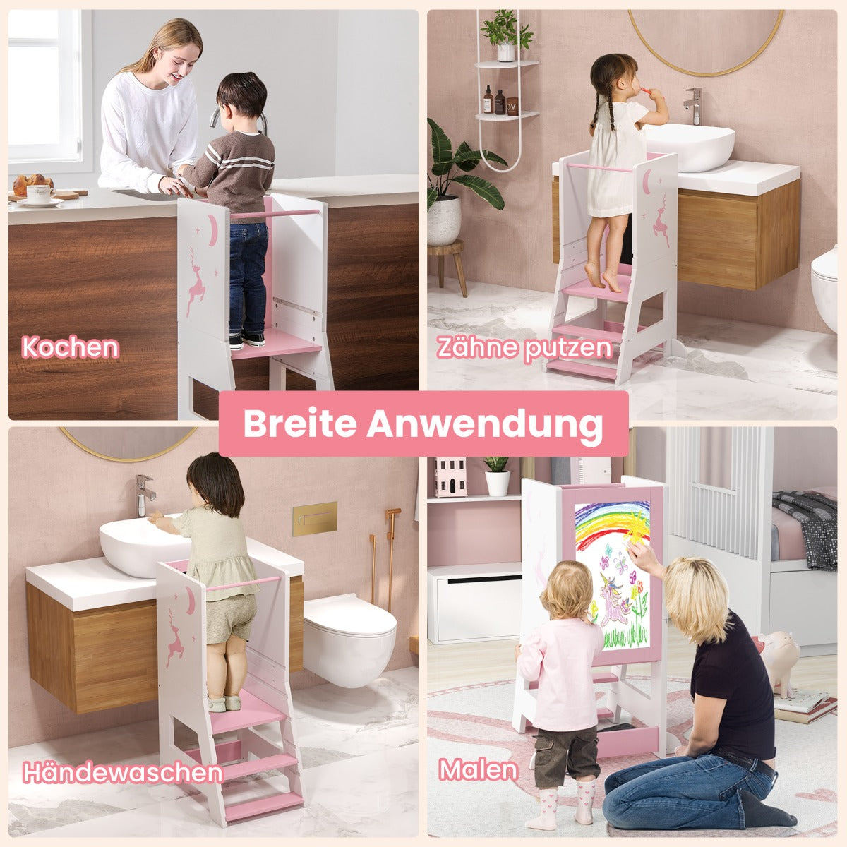 Toddler Kitchen Stool Helper Baby Standing Tower with Chalkboard and Whiteboard-Pink