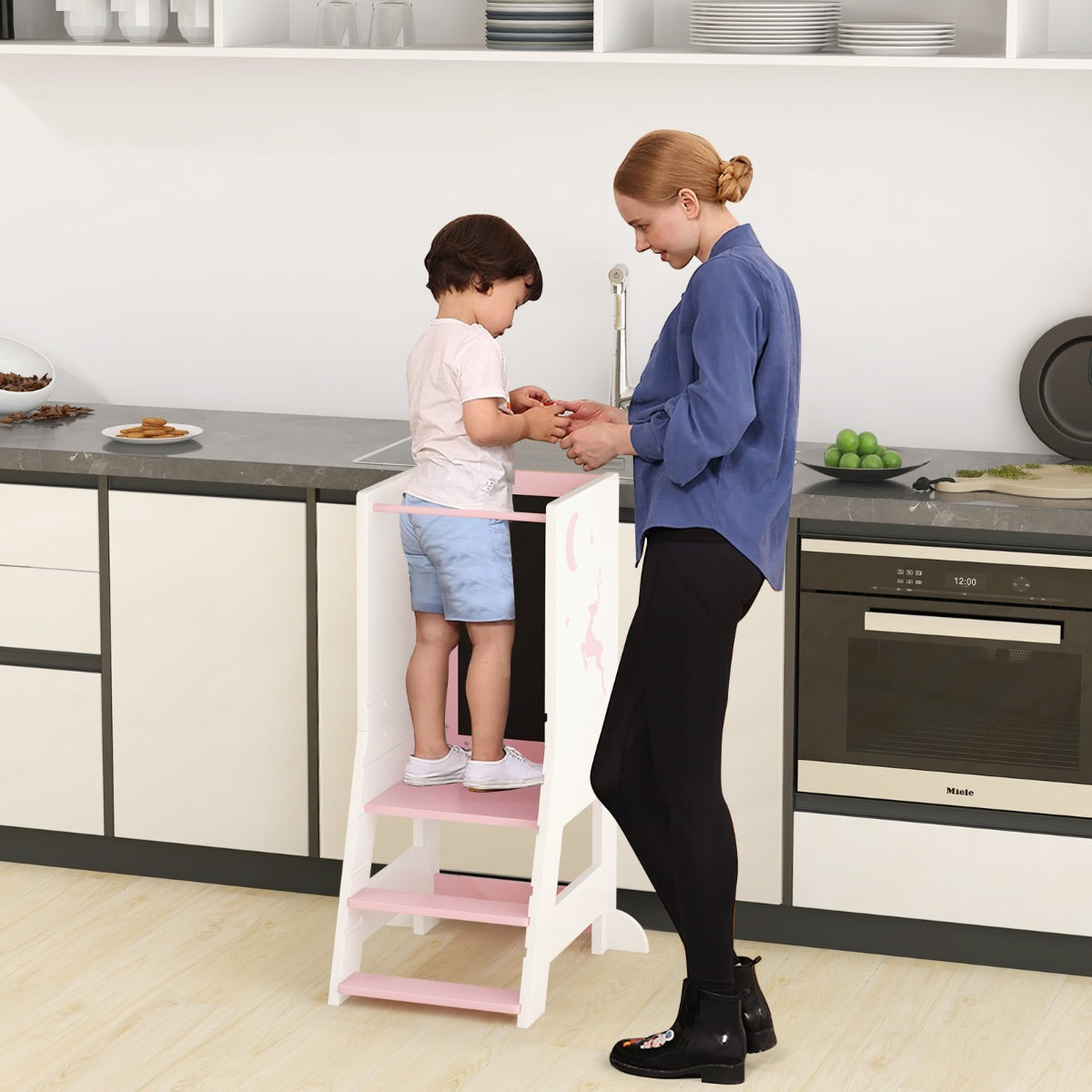 Toddler Kitchen Stool Helper Baby Standing Tower with Chalkboard and Whiteboard-Pink