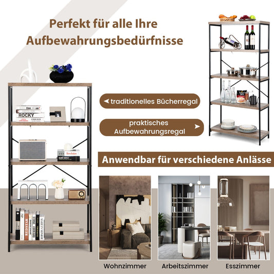 5-Tier Industrial Bookshelf Display Storage Rack with Metal Frame-Gray