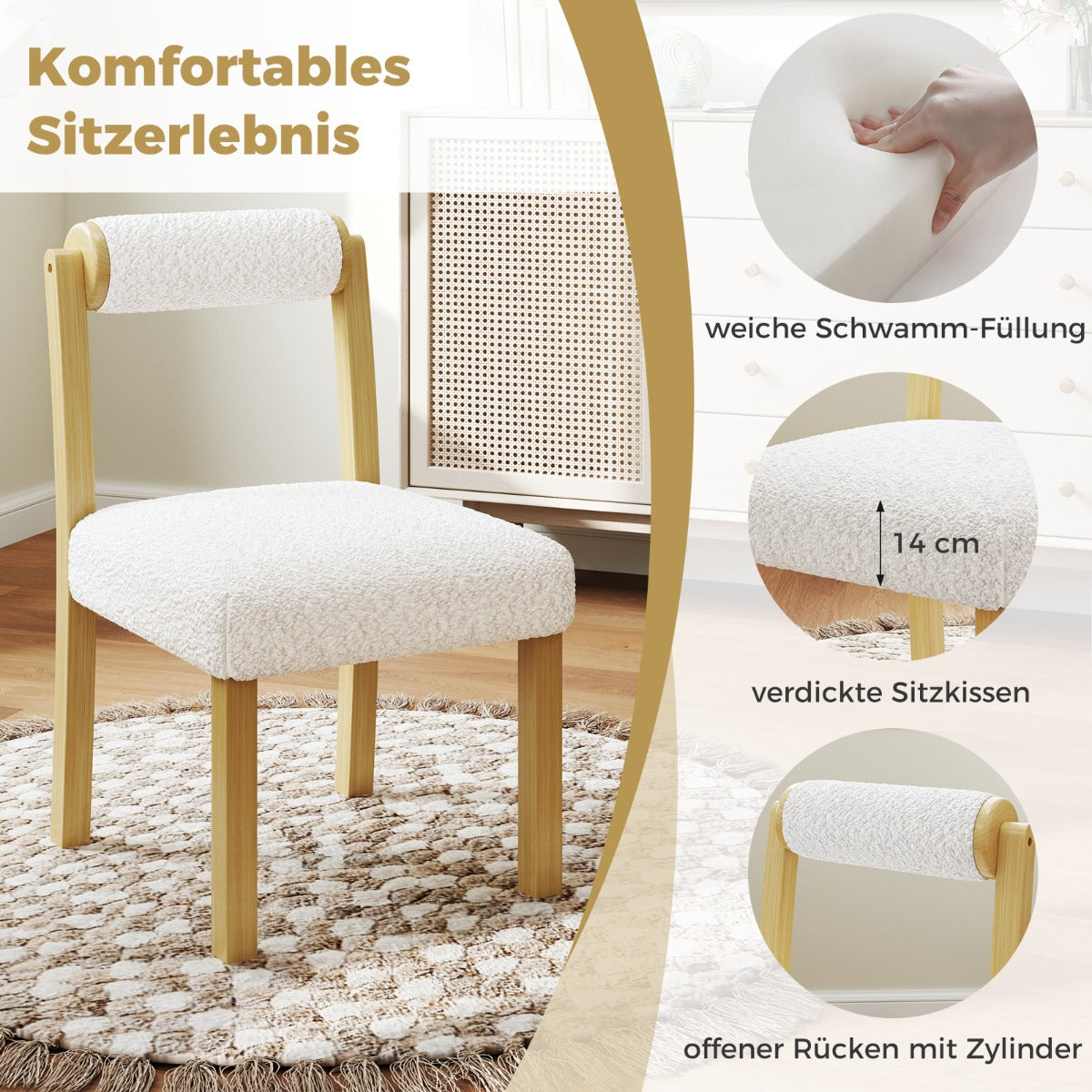 Wooden Dining Chair with Rubber Wood Frame and Cylinder Back Set of 2-White