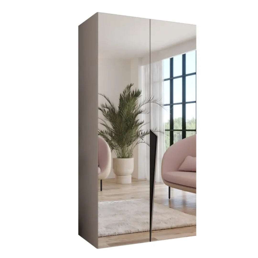Modern wardrobe with mirror doors on a white background