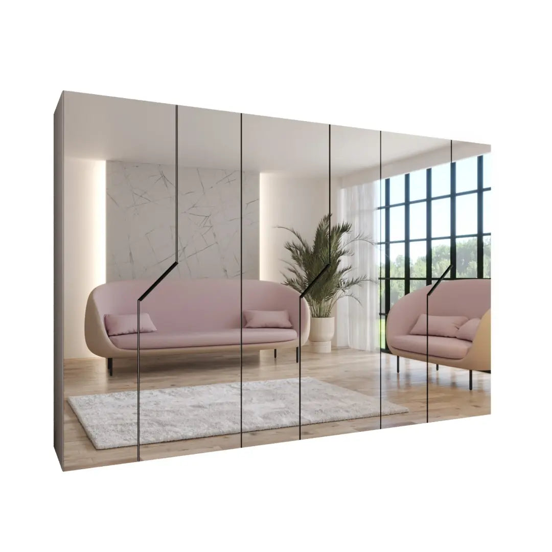 Modern room divider with a pink sofa and decorative elements.