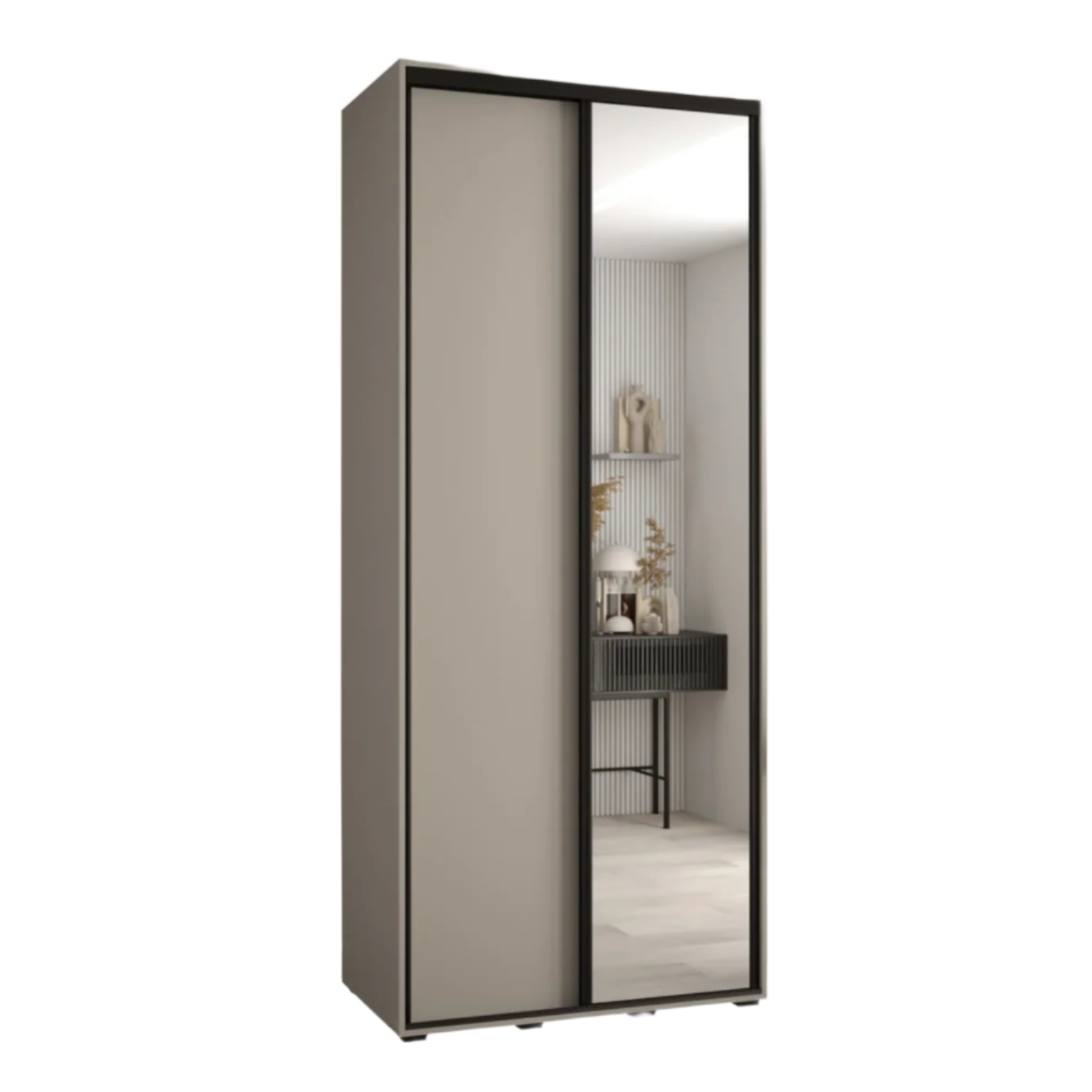 Modern wardrobe with a mirror on a white background