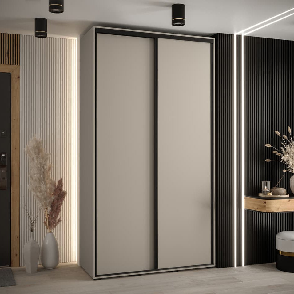 Modern sliding wardrobe in a stylish room with decorative elements.