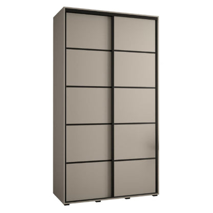 Sliding door wardrobe with beige panels and black frames on a white background