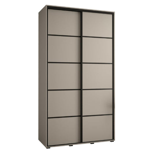 Sliding door wardrobe with beige panels and black frames on a white background