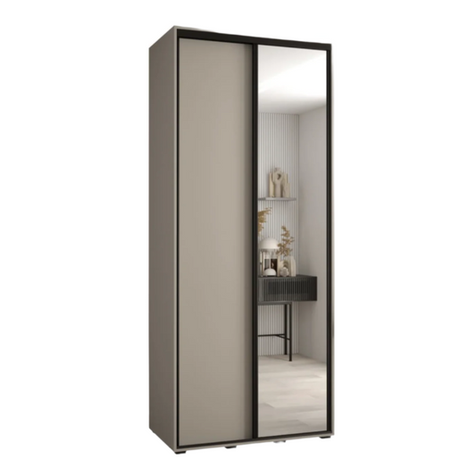 Modern wardrobe with a mirror on a white background