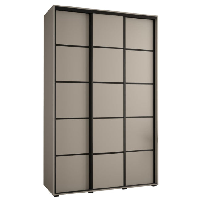 Sliding door wardrobe with beige panels and black frames on a white background