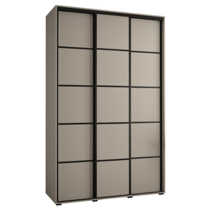 Sliding door wardrobe with beige panels and black frames on a white background