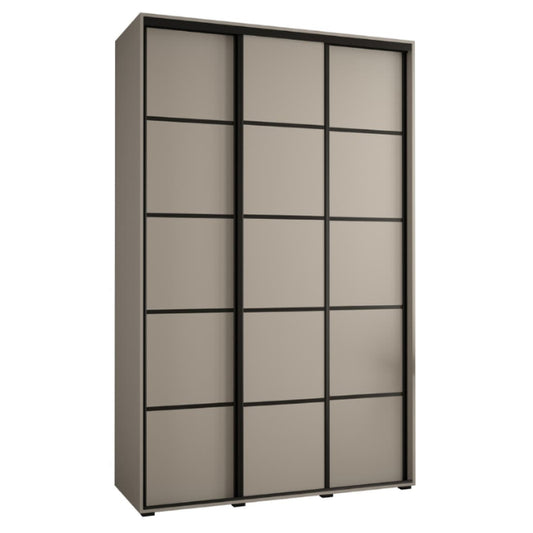 Sliding door wardrobe with beige panels and black frames on a white background