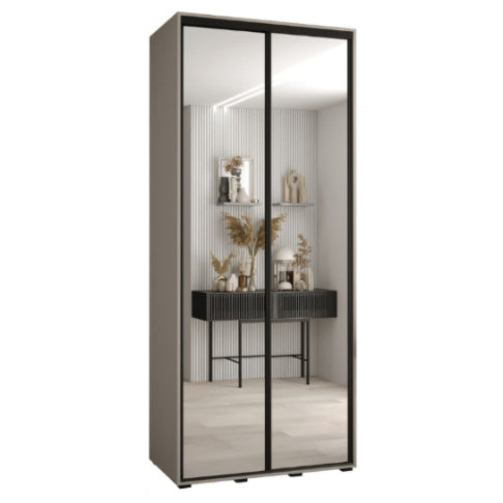 Sliding door wardrobe with mirror panels and decorative items inside