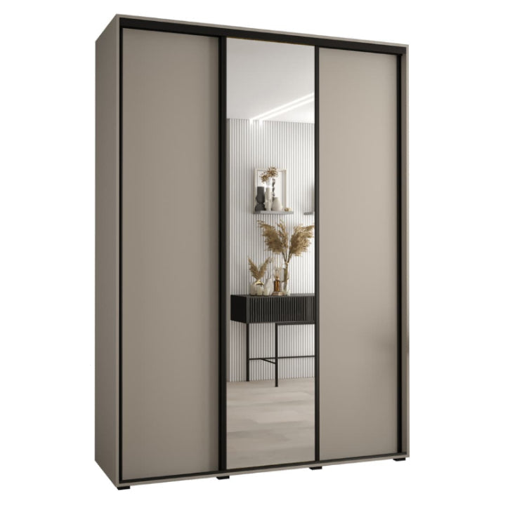 Sliding door wardrobe with a mirror panel and decorative items inside.