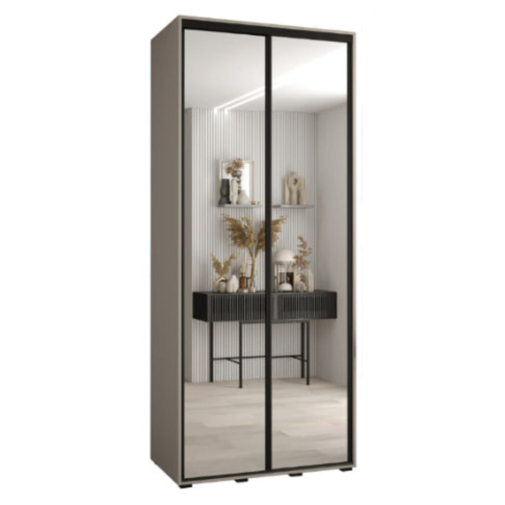 Sliding door wardrobe with mirror panels and decorative items inside