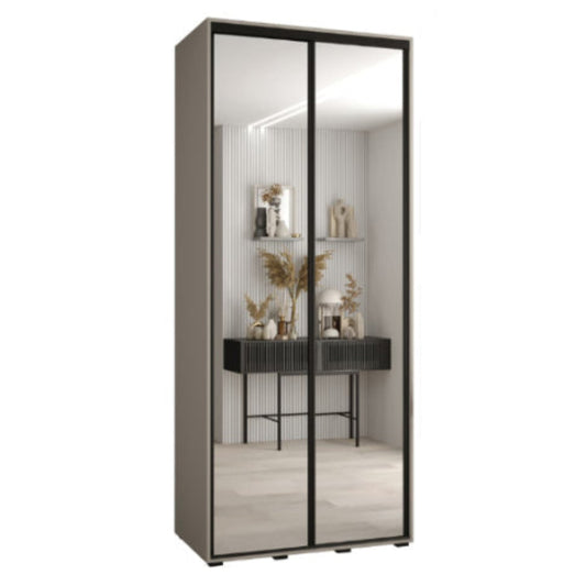 Sliding door wardrobe with mirror panels and decorative items inside
