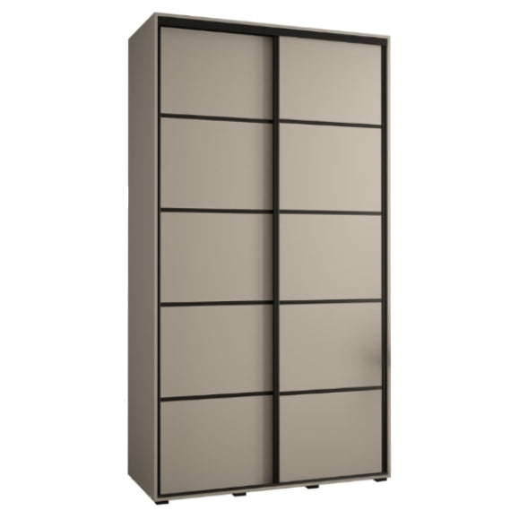 Sliding door wardrobe with beige panels and black frames on a white background