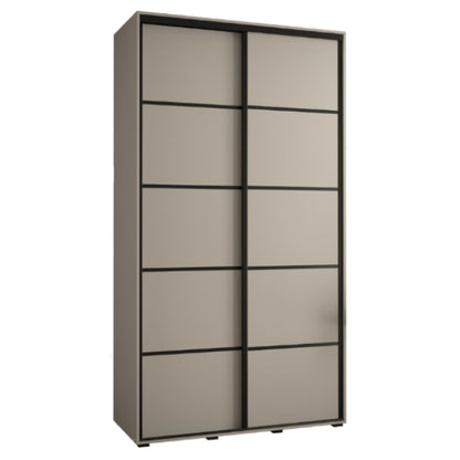 Sliding door wardrobe with beige panels and black frames on a white background