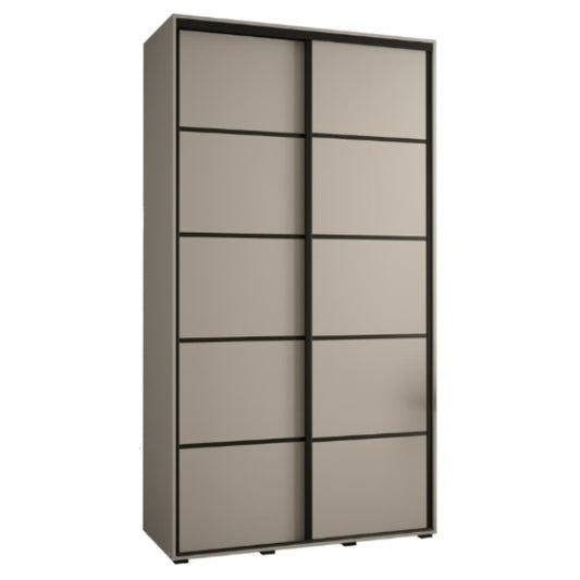 Sliding door wardrobe with beige panels and black frames on a white background
