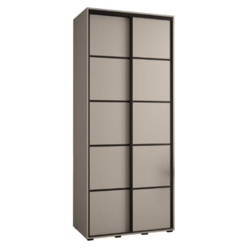 Tall gray wardrobe with sliding doors on a white background