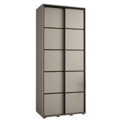 Tall gray wardrobe with sliding doors on a white background