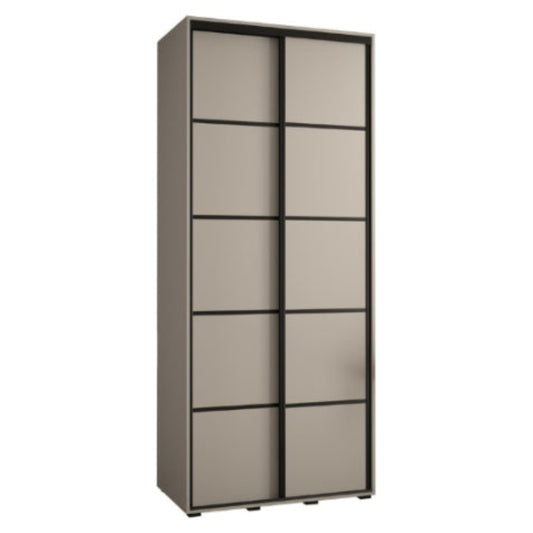 Tall gray wardrobe with sliding doors on a white background