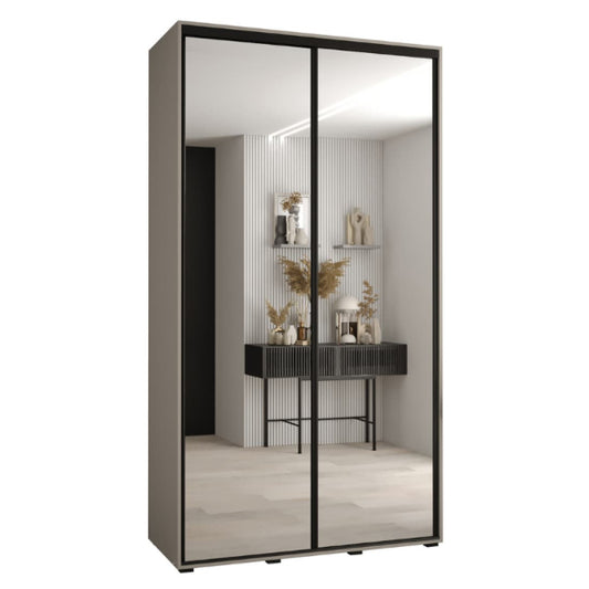 Modern wardrobe with sliding mirrored doors in a minimalistic room.