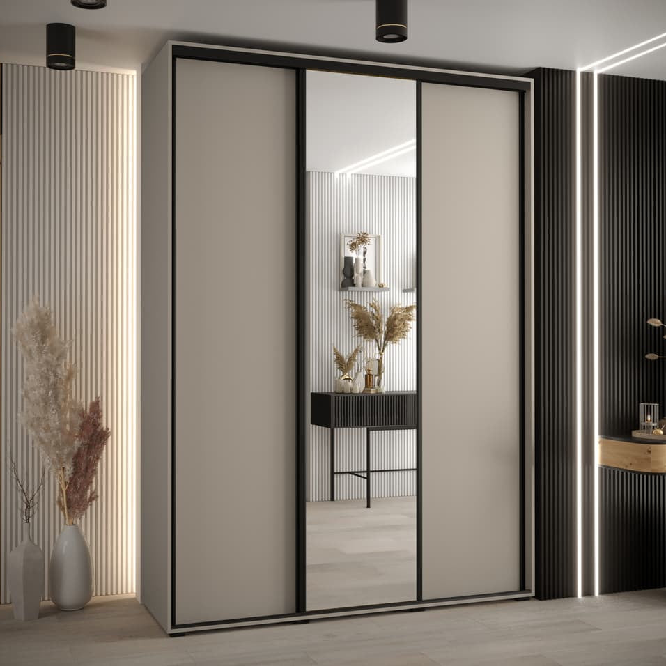 Modern wardrobe with sliding mirror door in a stylish room.