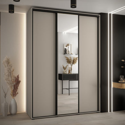 Modern wardrobe with sliding mirror door in a stylish room.