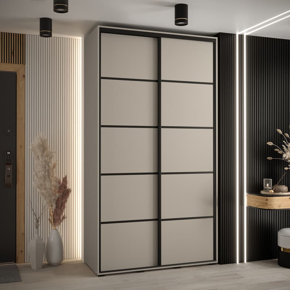 Modern sliding wardrobe door in a stylish room with decor elements.