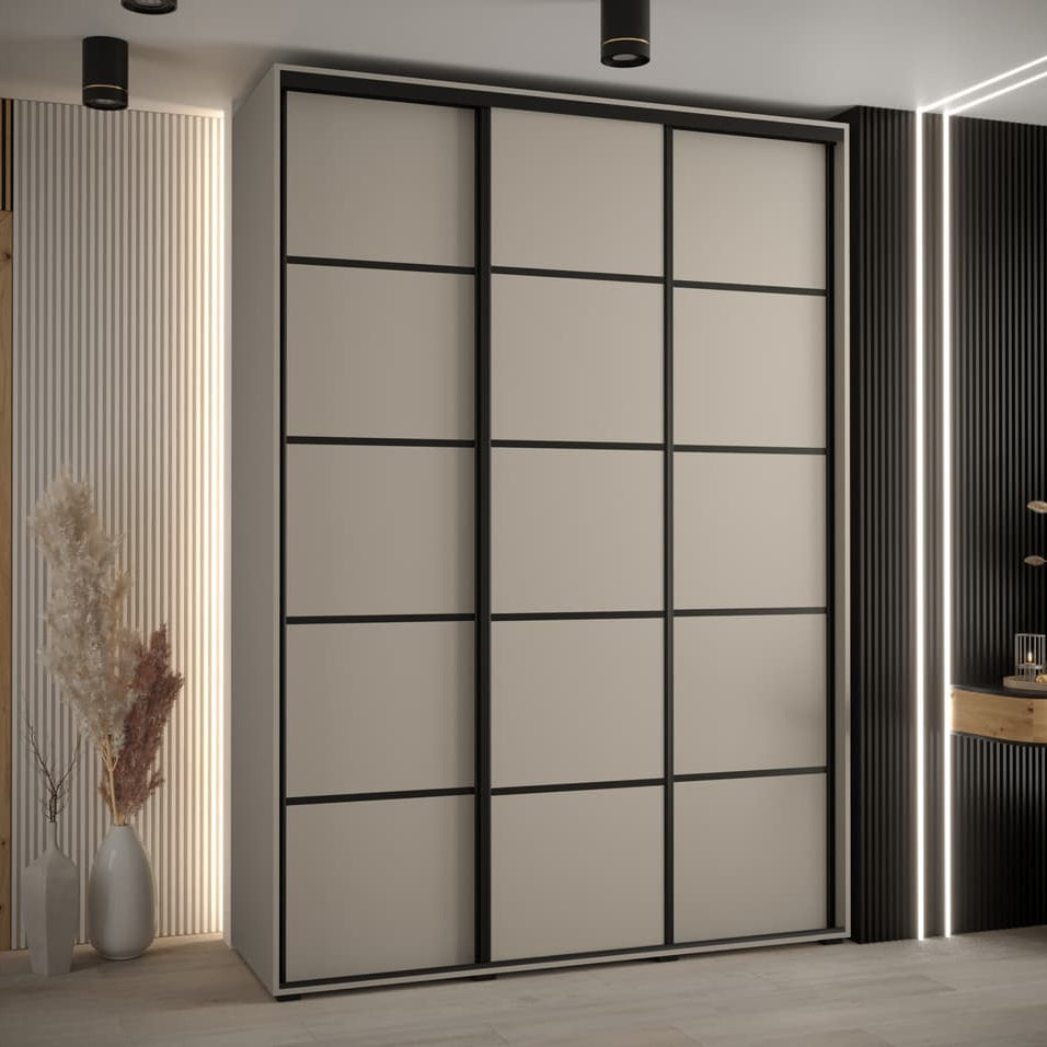 Modern sliding wardrobe with geometric design in a stylish room.
