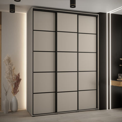 Modern sliding wardrobe with geometric design in a stylish room.