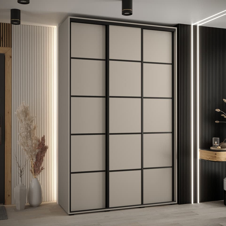 Modern sliding wardrobe door with geometric design in a stylish room setting.