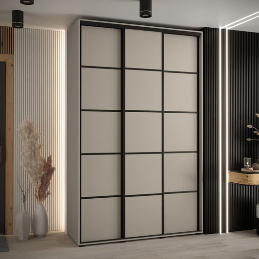Modern sliding wardrobe door with geometric design in a stylish room setting.